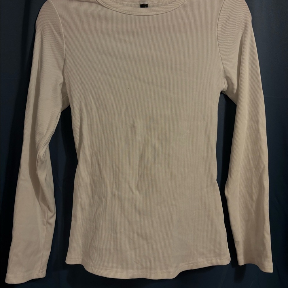 Women's White Ribbed Long Sleeve Top